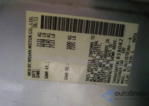 2011 Nissan Maxima S z USA, uszkodzony, nr VIN 1N4AA5AP7BC858082